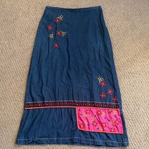 Embroidered Floral Denim Midi Skirt